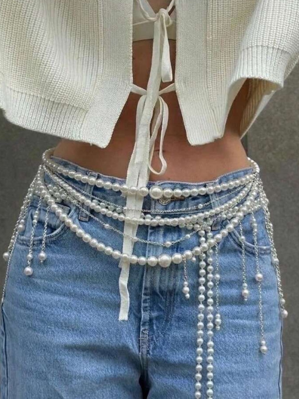 Pearl Multi-Layer Waist Chain Belt - White